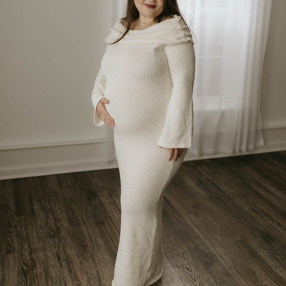 Showpo Cream Textured Off-Shoulder Maternity Gown